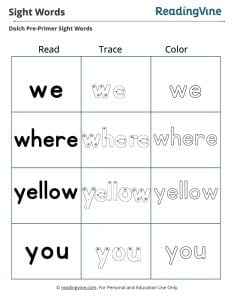 Trace the Pre-K Dolch Words