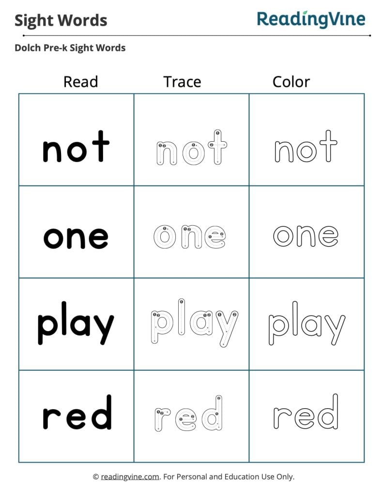 Read, Trace, Color Dolch Words Worksheet #7