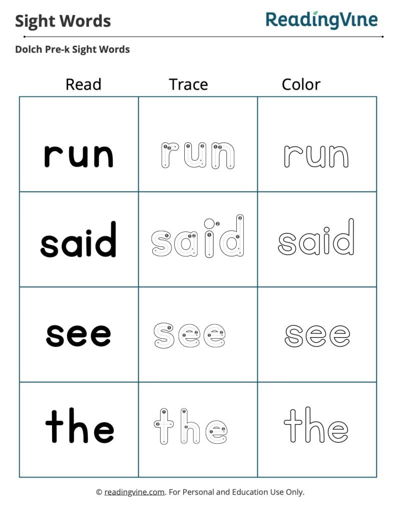 Read, Trace, Color Dolch Words Worksheet #8