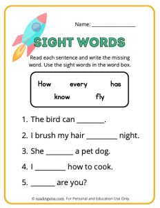 1st Grade Fill in the Blank Sight Words Activity