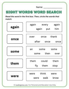 1st Grade Word Search Sight Words Activity
