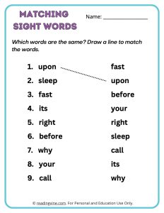 2nd Grade Matching Sight Words Activity