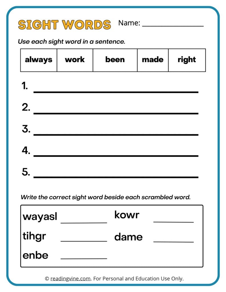 Second grade sight word sentences worksheets