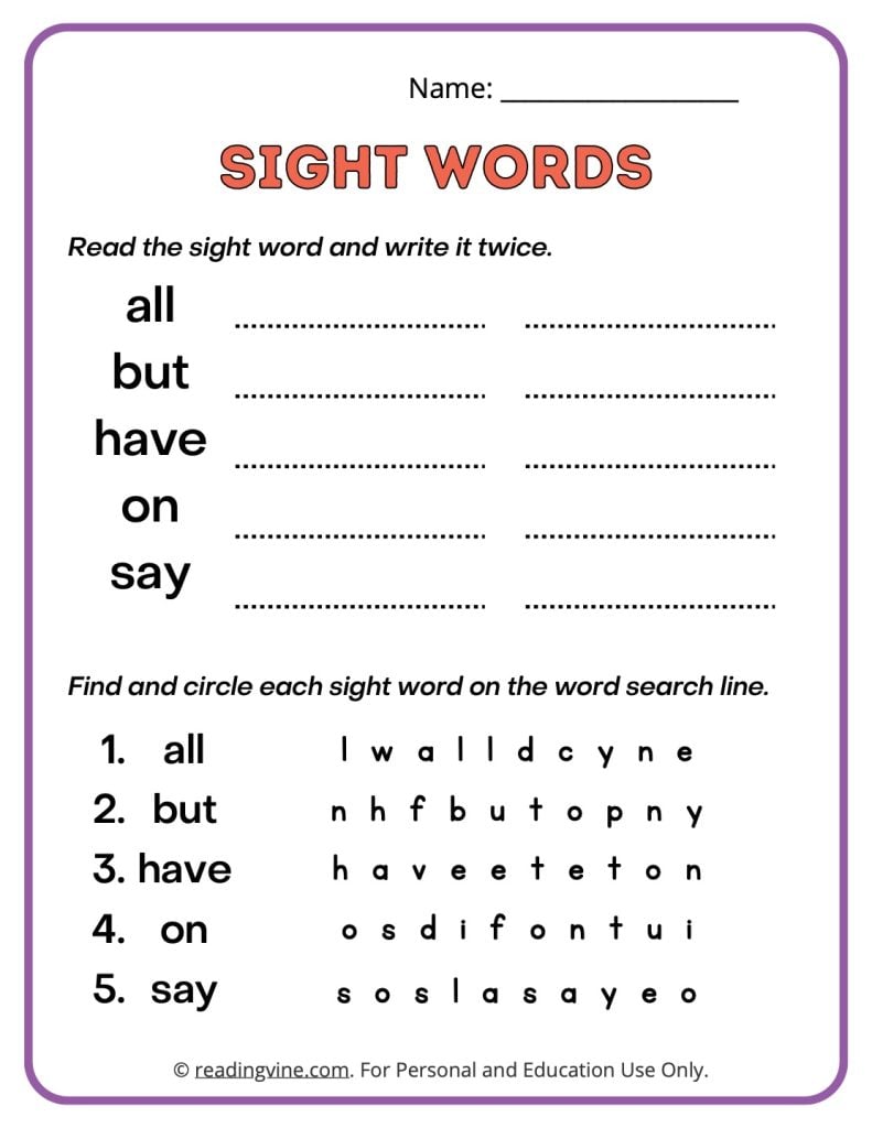 Second grade write and find the sight words worksheets