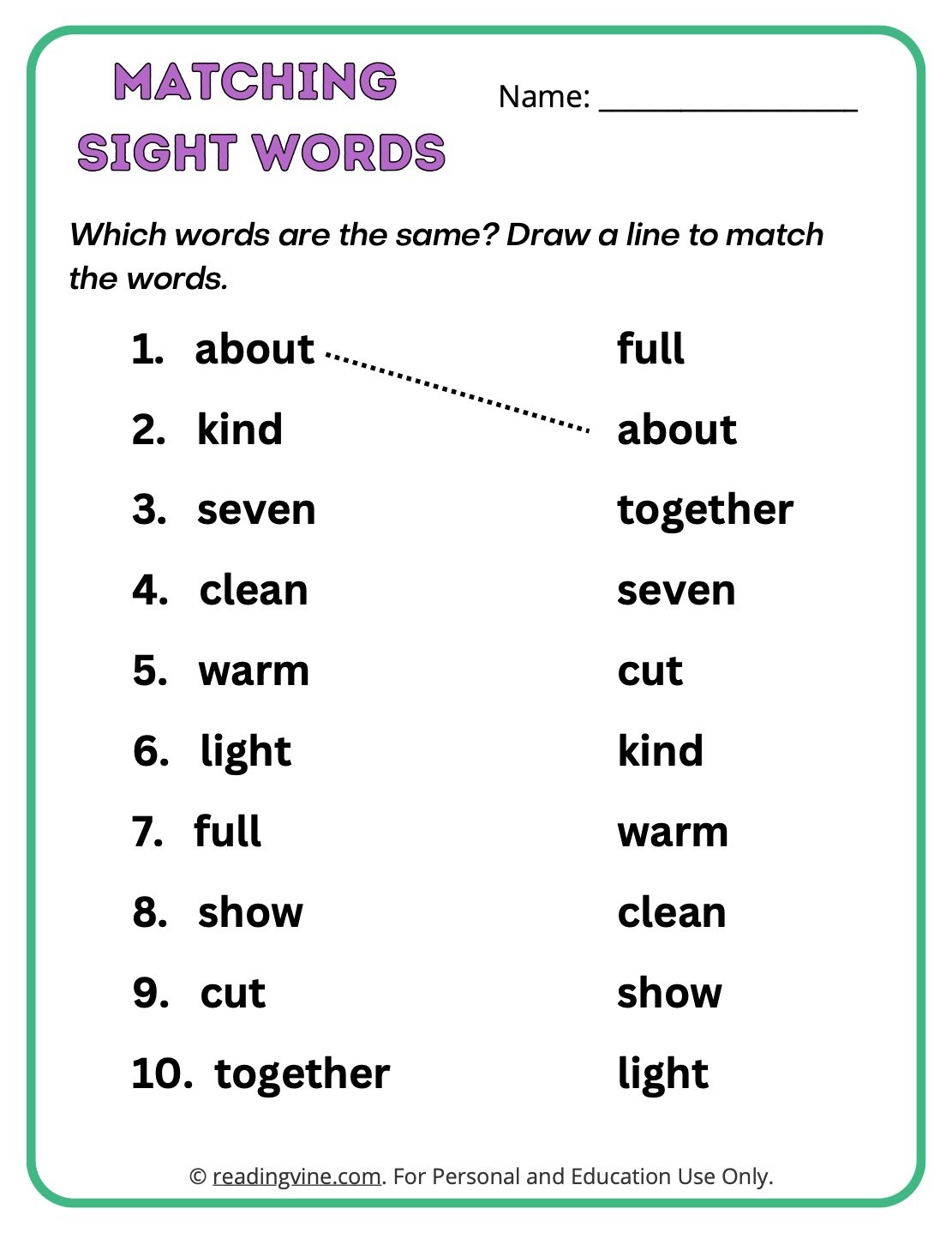 3rd Grade Matching Sight Words Activity