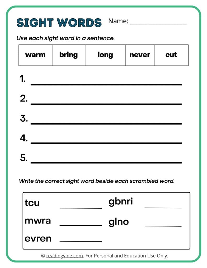 3rd grade write a sentence with sight words worksheets