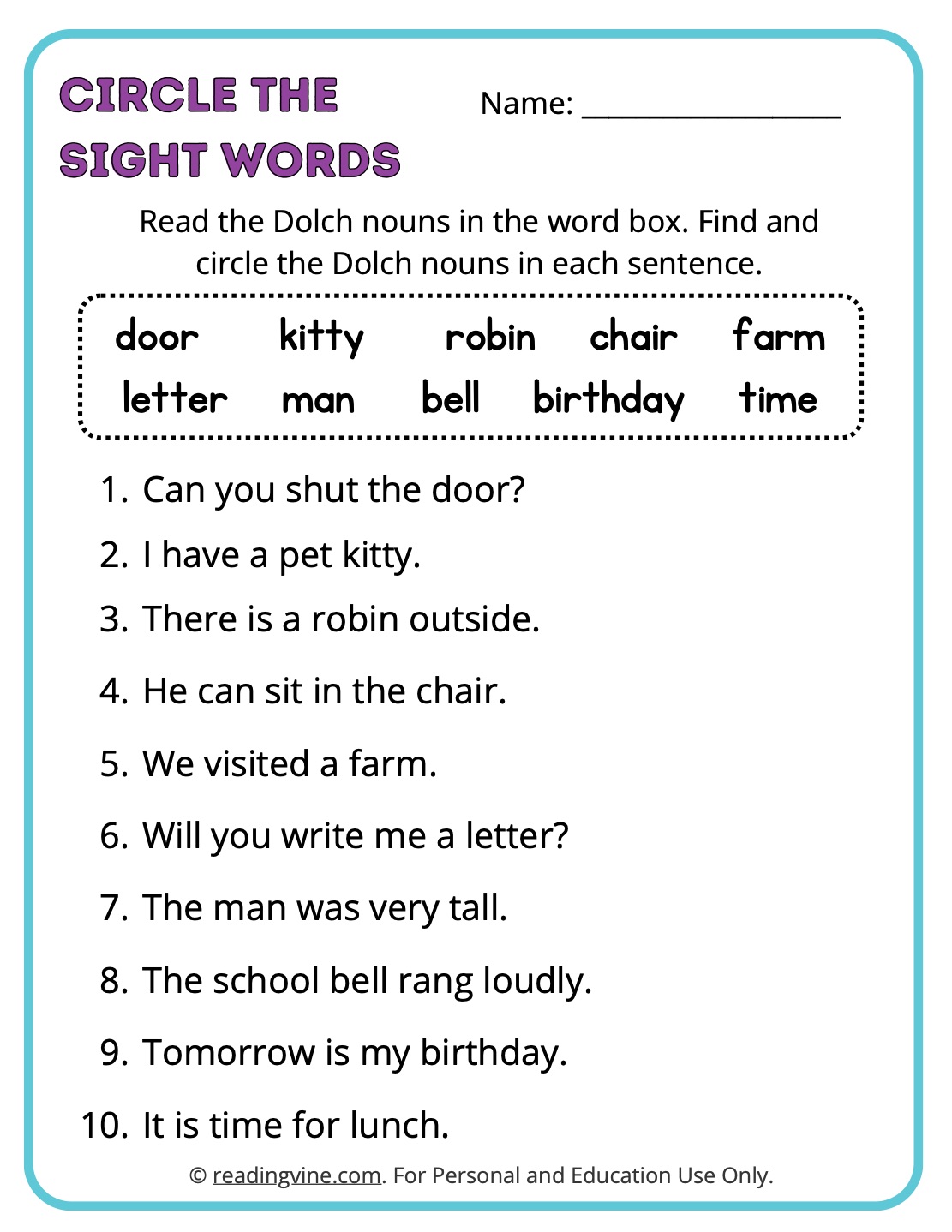 Dolch Nouns Circle Sight Words Activity