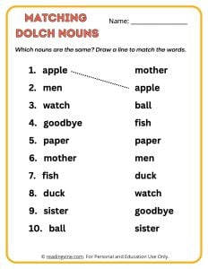 Dolch Nouns Matching Sight Words Activity
