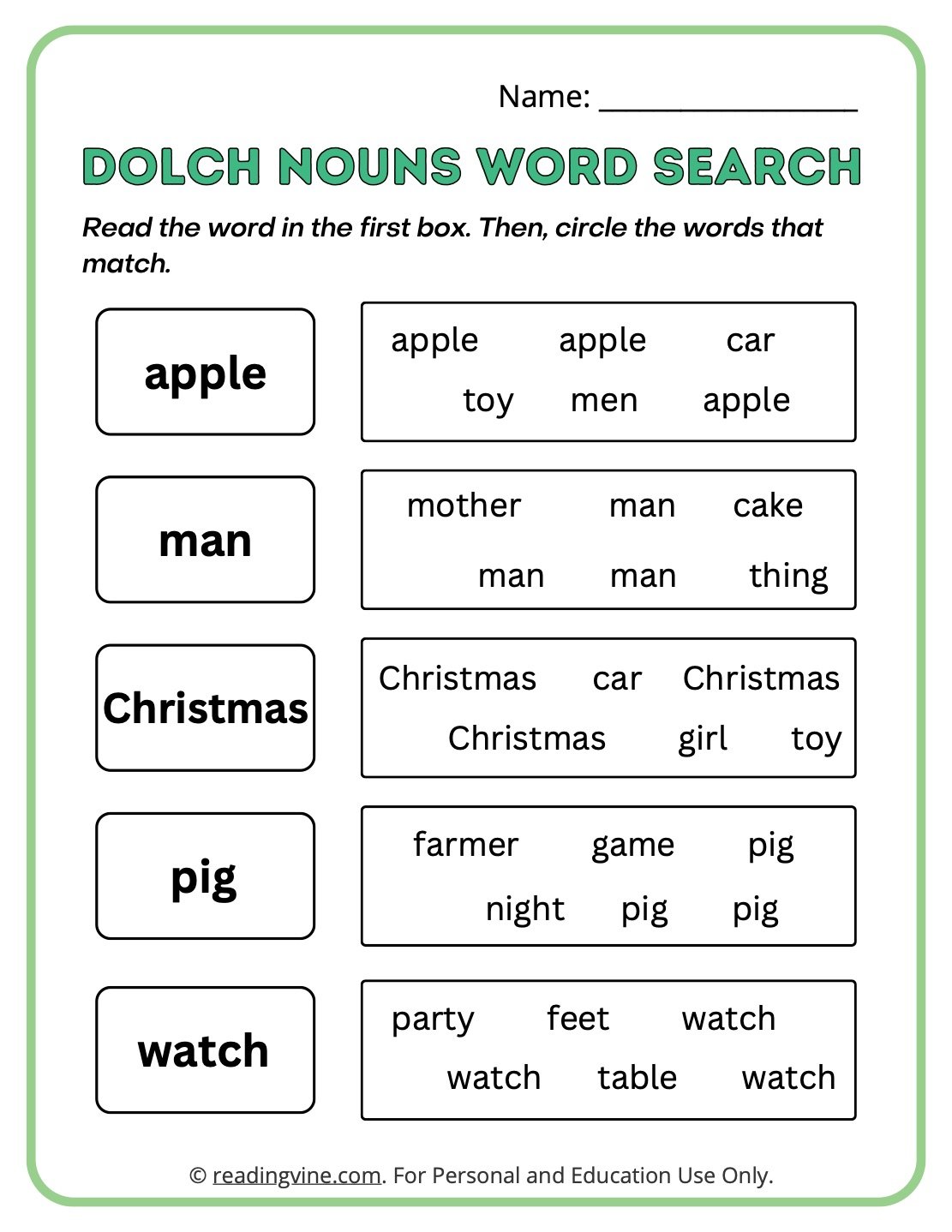 Dolch Nouns Word Search Sight Words Activity
