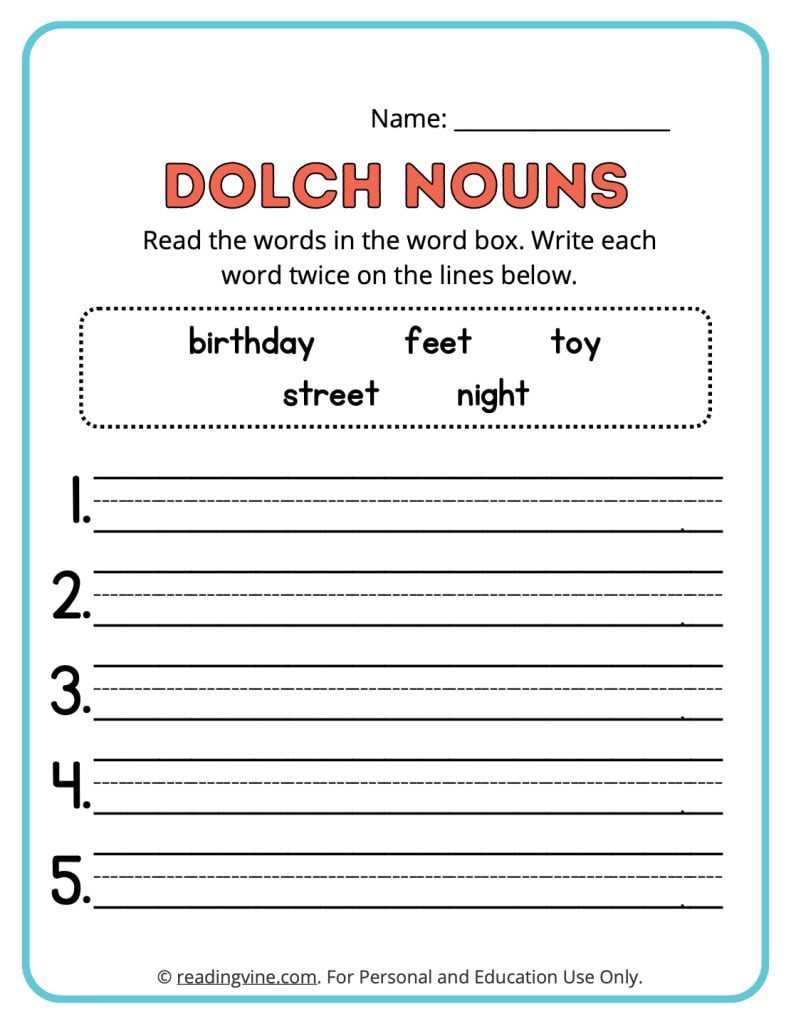 Dolch Nouns Write Sight Words Activity