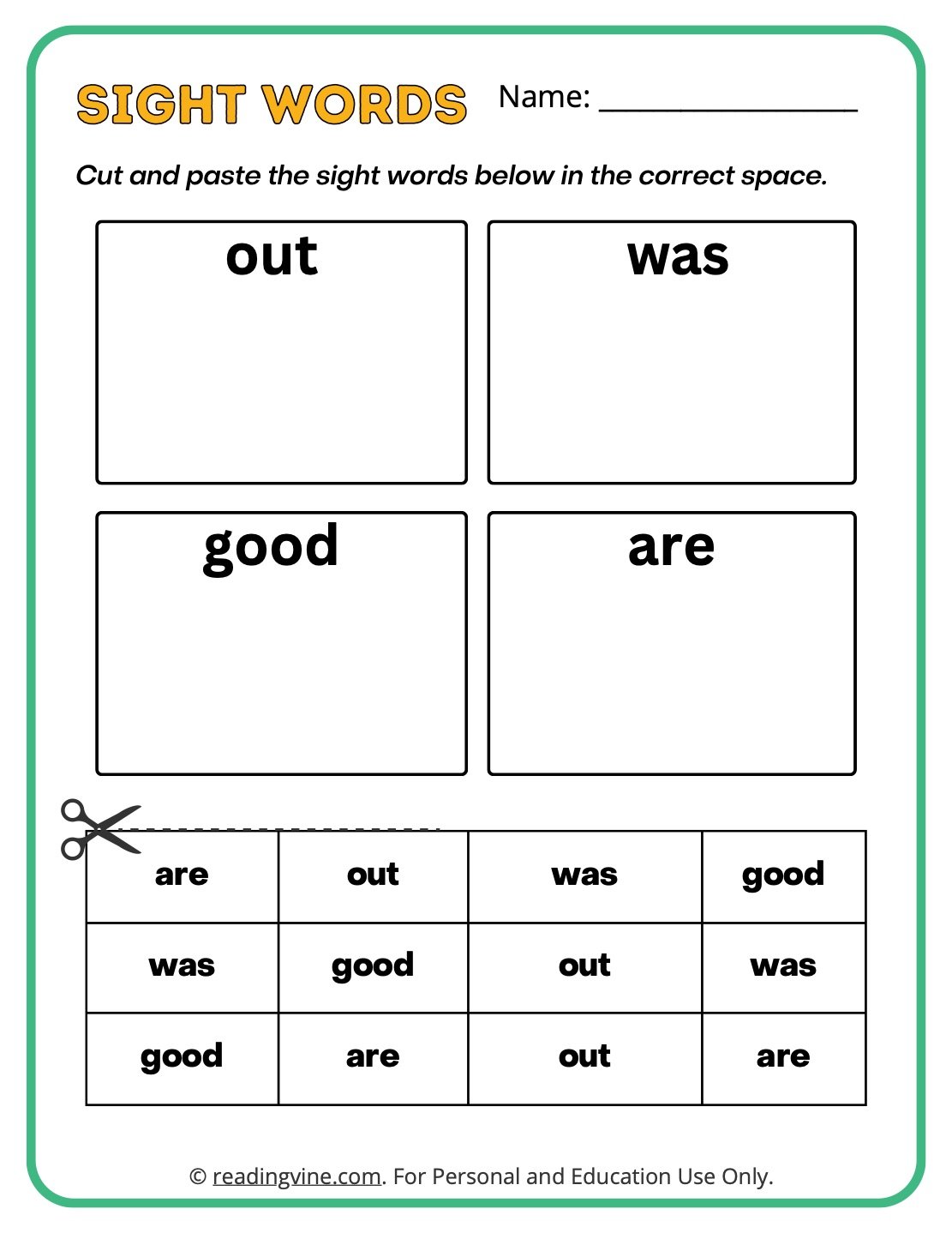 Kindergarten Cut and Paste Sight Words Activity