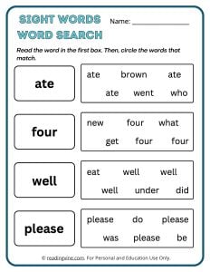 Kindergarten Sight Words Word Search Activity