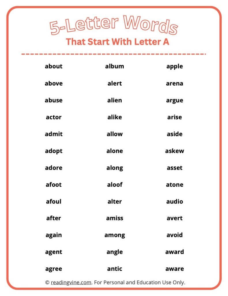 5 letter words that start with A
