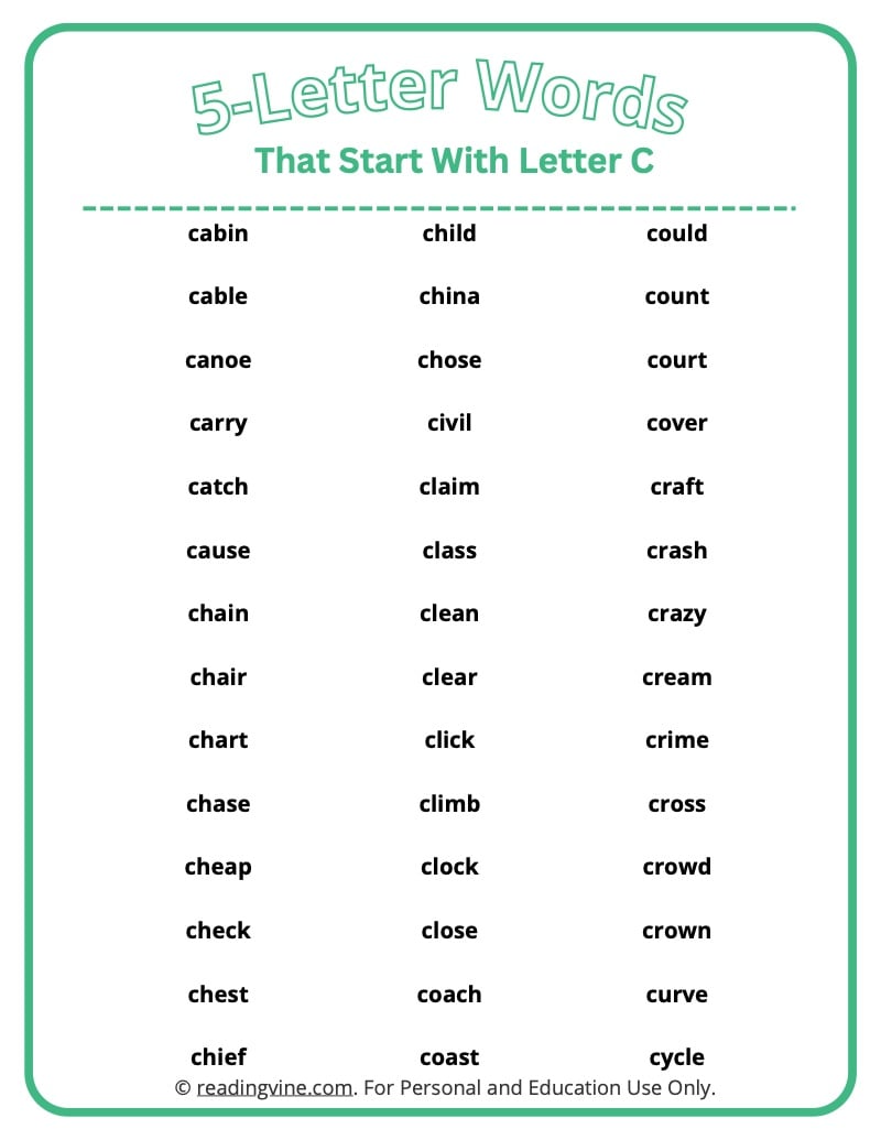 5 Letter Words that start with C | Printable List & Worksheets