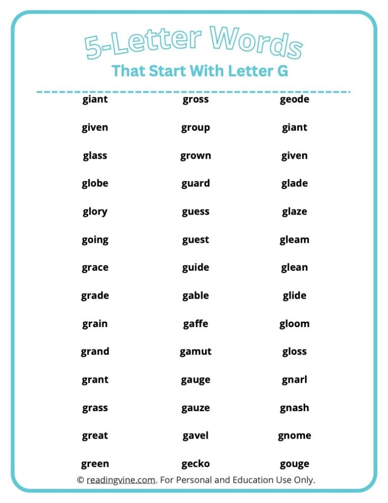 5 Letter Words That Start With G