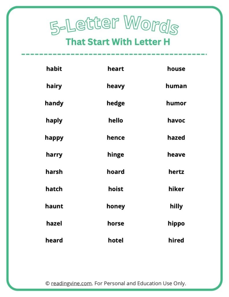 5 Letter Words That Start With H