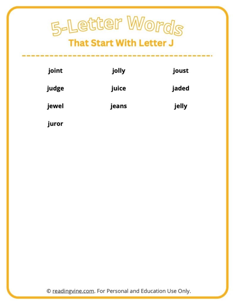 5 Letter Words That Start With J