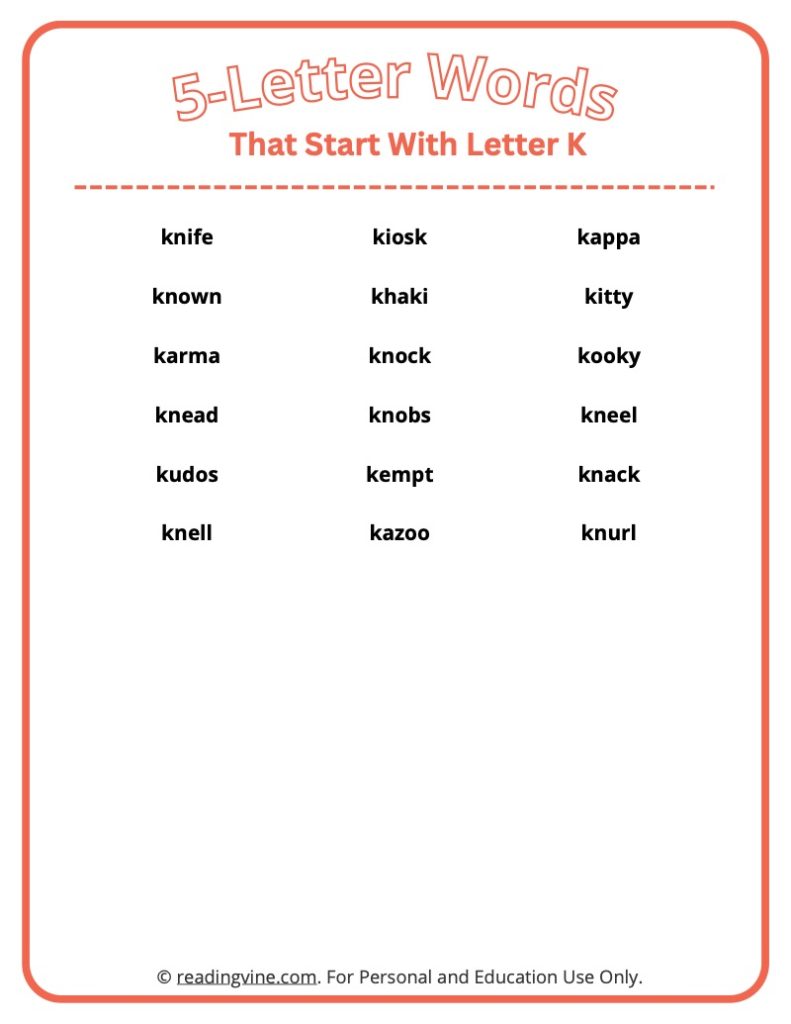 5 Letter Words That Start With K
