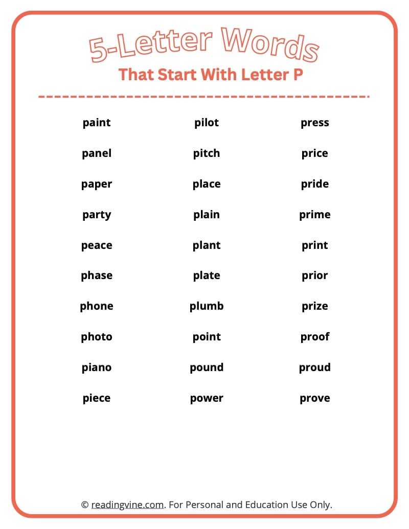 List of Words That Start With Letter 'P' For Children