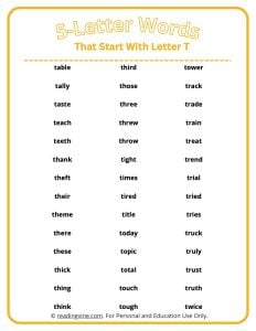 5 letter words that start with T
