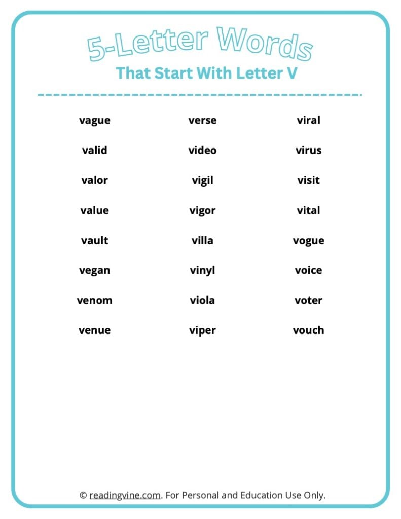 5 Letter Words That Start With V