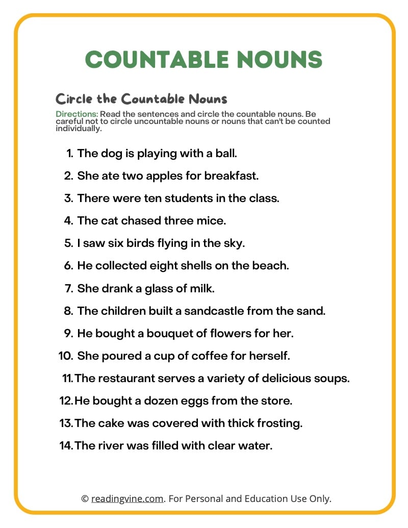 Countable And Uncountable Nouns - Worksheets, Examples