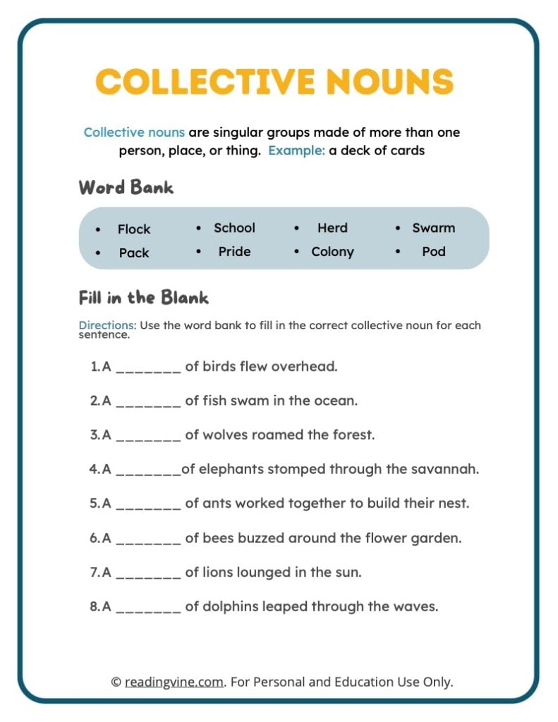 Collective Nouns Fill in the Blank Activity