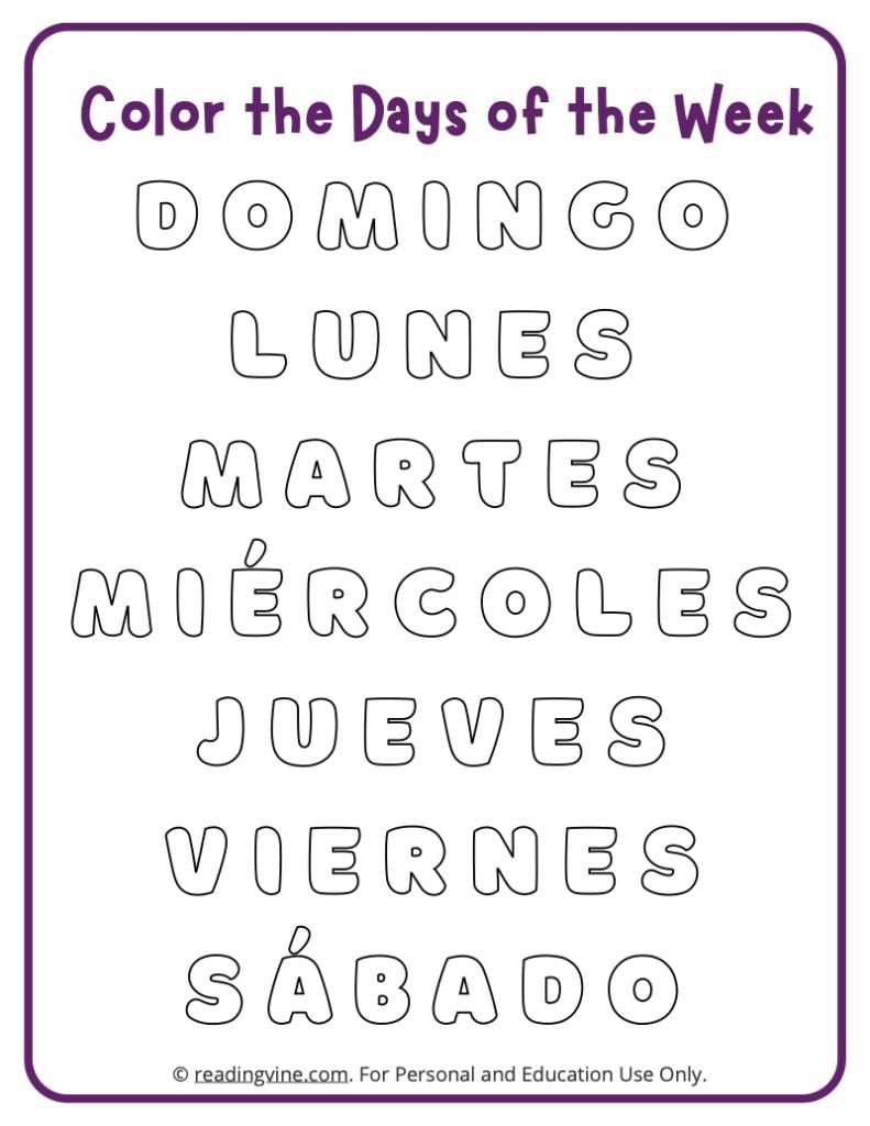 (Spanish) Color the Days of the Week