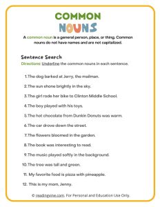 Underline the Common Nouns Sentence Search Activity