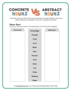 Sort the Concrete Nouns and Abstract Nouns Activity