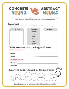 Concrete Nouns vs Abstract Nouns Printable Activity