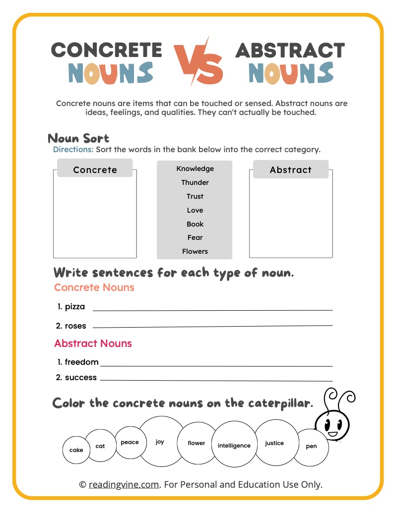 Abstract Noun Worksheets Definition And Examples ReadingVine