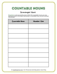 Countable Nouns Scavenger Hunt Activity