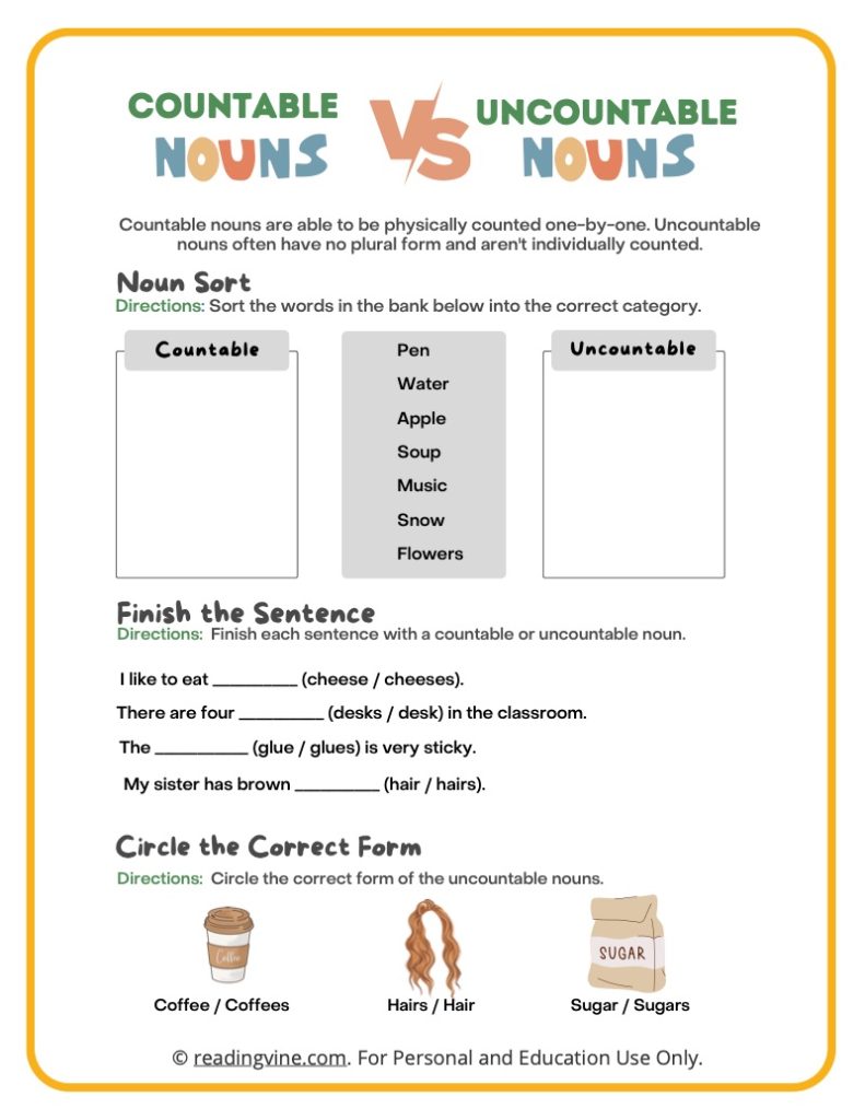 Countable and Uncountable Nouns Worksheet