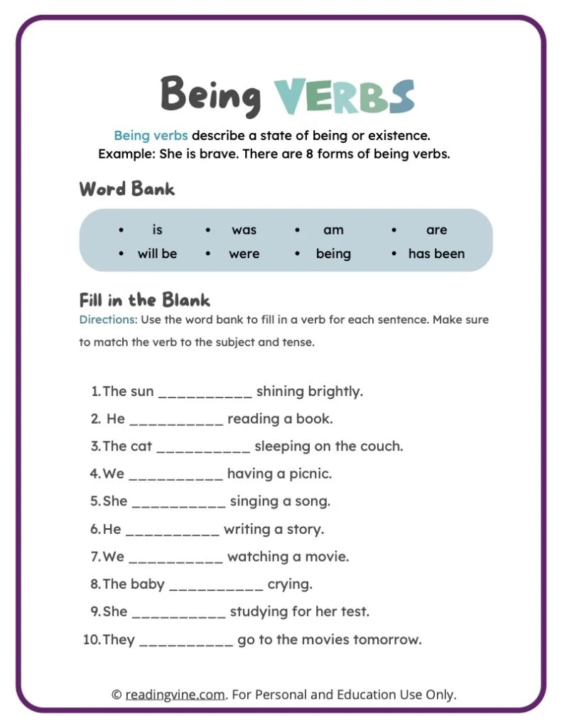Fill in the Blanks With Being Verbs Activity
