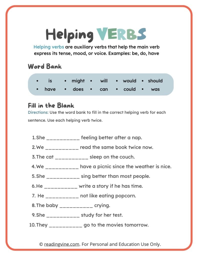 helping verbs worksheet for class 3