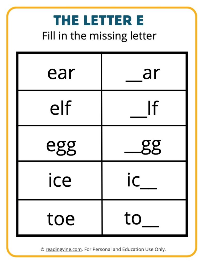 Fill in the Missing E Worksheet
