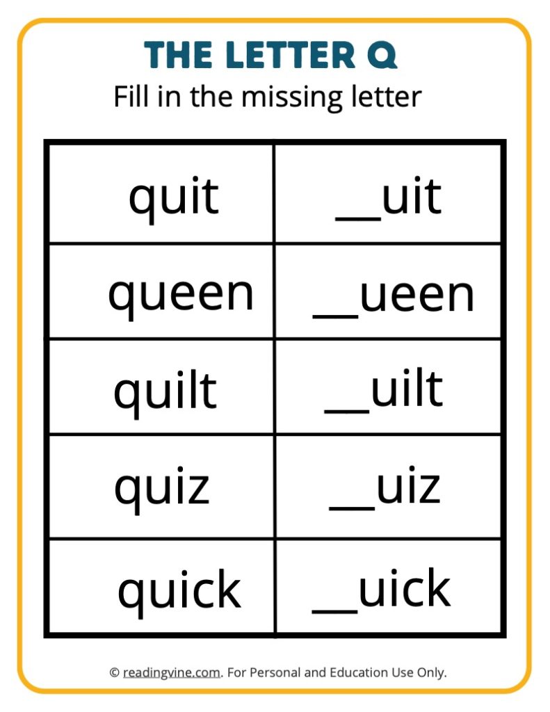 Fill in the Missing Letter Q Activity