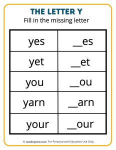 Fill in the missing letter Y worksheet