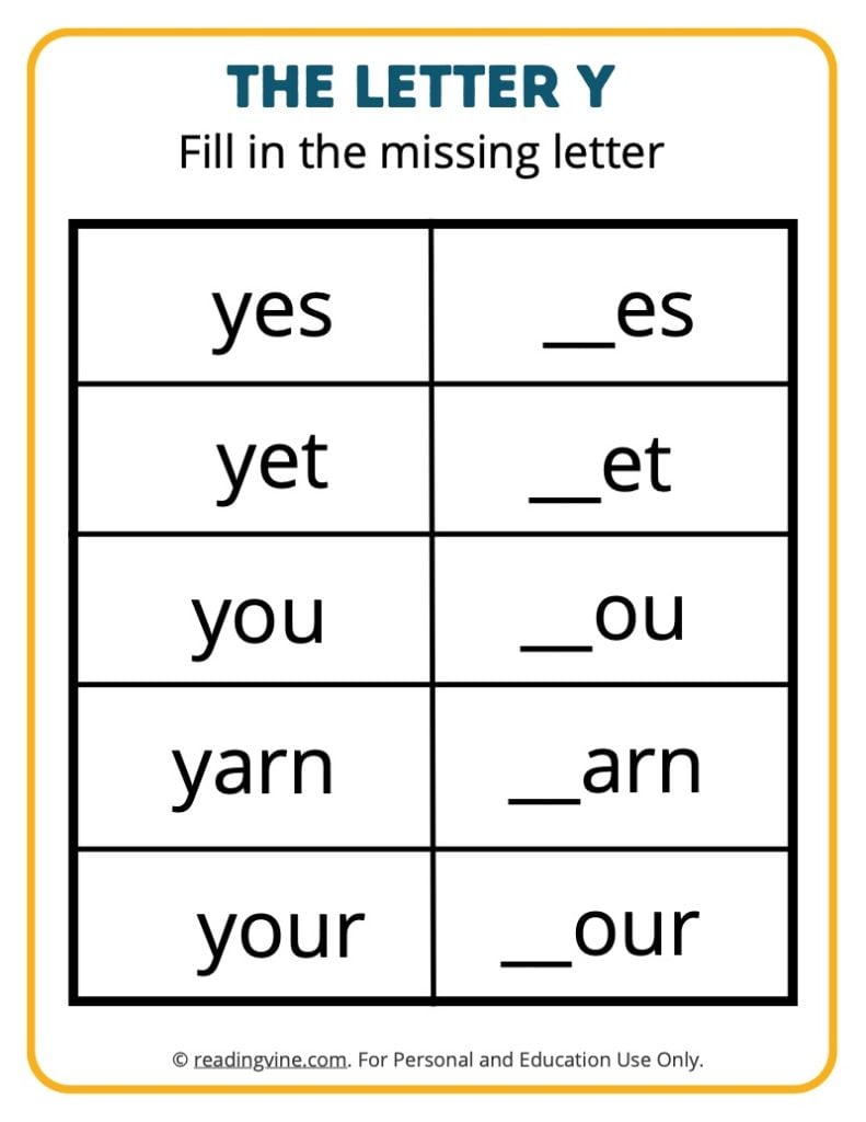 Fill in the Missing Letter Y Worksheet