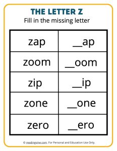 Fill in the missing letter Z worksheet
