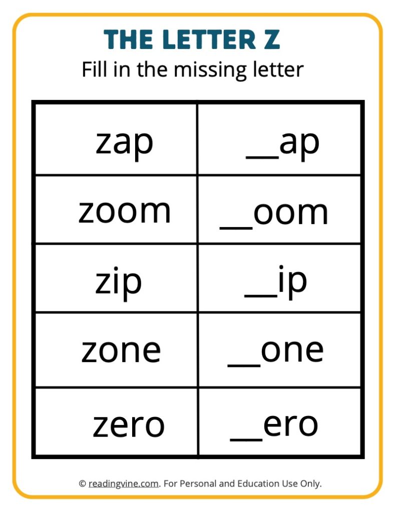 Fill in the Missing Letter Z Worksheet