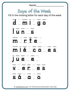 Fill the Missing Letter in for Each Day of the Week in Spanish - Days of the Week Worksheet
