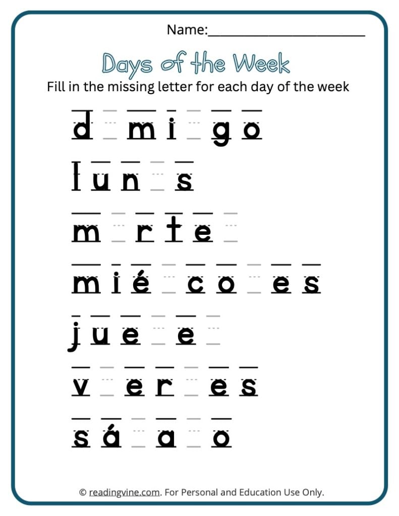 (Spanish) Fill in the Missing Letter for Each Day of the Week