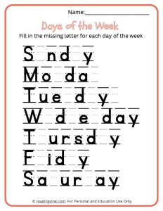 Fill the Missing Letter in for each Day of the Week