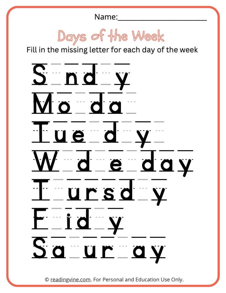 Fill The Missing Letter In For Each Day Of The Week Image ReadingVine