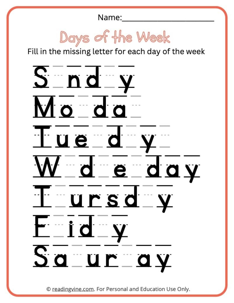 Fill in the Missing Letter for Each Day of the Week