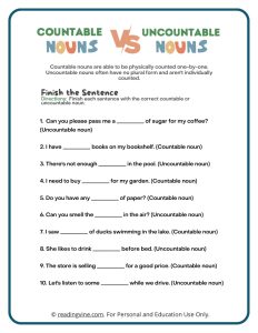 Fill in the Blank with Countable Nouns and Uncountable Nouns Activity