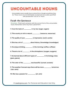 Fill in the Blanks with Uncountable Nouns Writing Activity