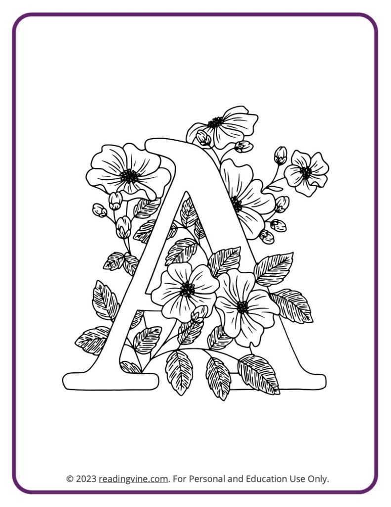 Floral Themed Coloring Page - Letter A